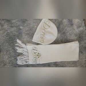Dereon White Scarf and Hat Set with Gold Embroidery